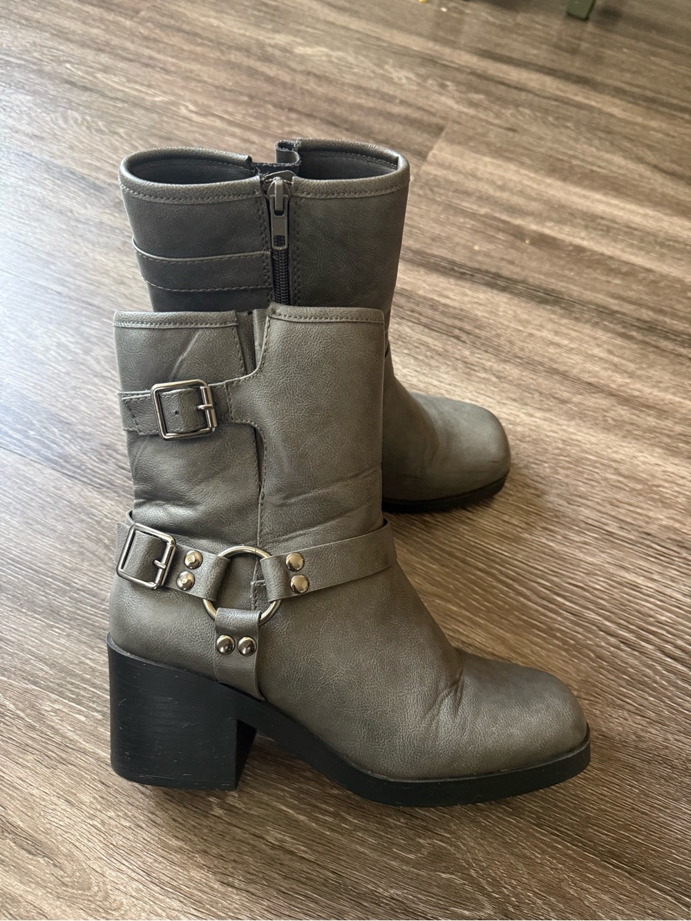 Soda Gray Buckle Harness Mid-Calf Heeled Boots